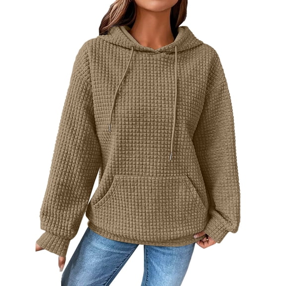 KDDYLITQ Knit Hoodies for Women Long Sleeve Hooded Sweatshirts Drawstring Loose Clothes Casual Oversized Pullover with Pocket Khaki S