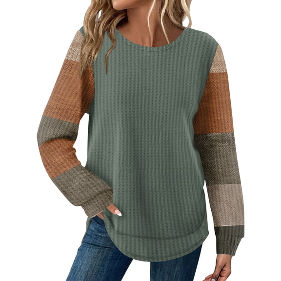 KDDYLITQ Knit Shirt Women Crew Neck Color Block Tops Long Sleeve Curved Hem Blouses Fall Winter Cute Sweaters Light Brown S