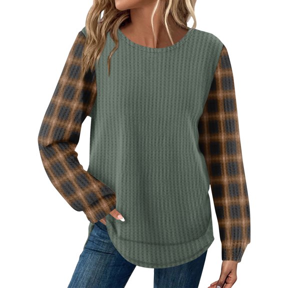 KDDYLITQ Knit Shirt for Women Plaid Print Curved Hem Tops Crew Neck Color Block Sweaters Trendy Casual Soft Blouses Black M