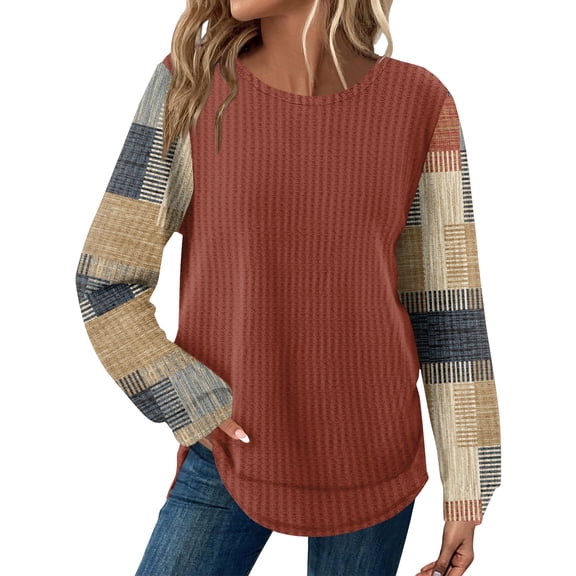 KDDYLITQ Knit Shirt for Women Plaid Print Curved Hem Tops Long Sleeve Color Block Sweaters Fashion Winter Cute Sweatshirt Khaki S