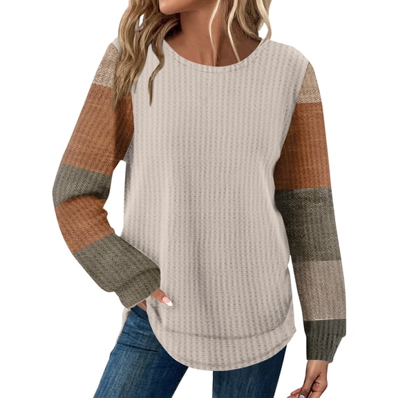 KDDYLITQ Knit Tops Women Long Sleeve Color Block Shirt Plaid Print Curved Hem Sweaters Fall Fashion Oversized Blouses Light Brown M