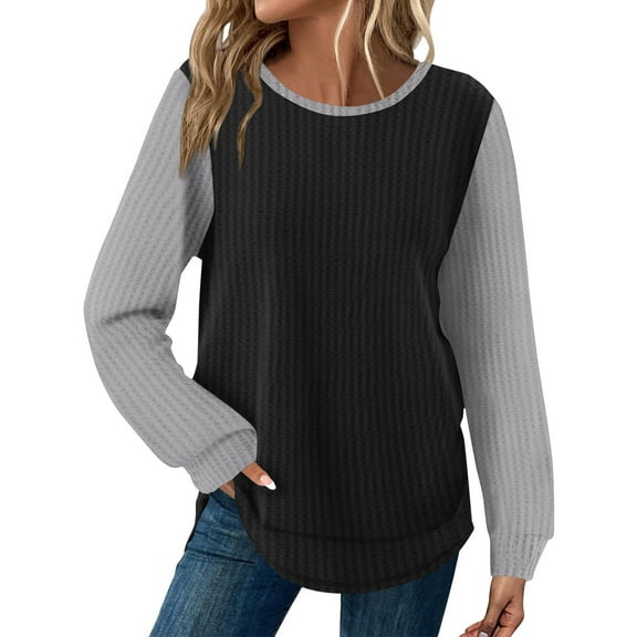 KDDYLITQ Knit Tops Women Plaid Print Color Block Shirt Crew Neck Curved Hem Sweaters Casual Loose Fit Soft Blouses Black XL
