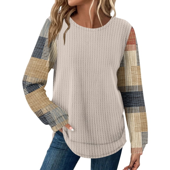 KDDYLITQ Knit Tops for Women Crew Neck Color Block Shirt Long Sleeve Curved Hem Blouses Fashion Loose Fit Oversized Sweatshirt Khaki 2XL