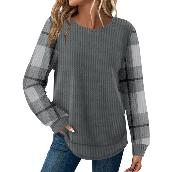 KDDYLITQ Knit Tops for Women Crew Neck Curved Hem Shirt Long Sleeve Color Block Blouses Fashion Casual Soft Sweatshirt Dark Gray M