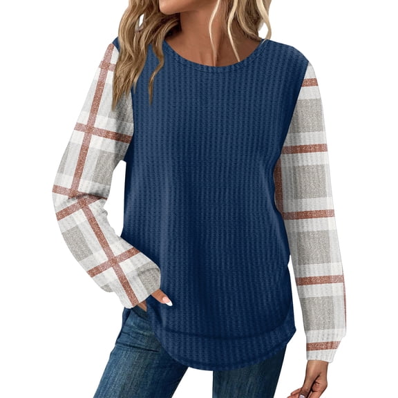 KDDYLITQ Knit Tops for Women Long Sleeve Curved Hem Shirt Plaid Print Color Block Blouses Casual Fashion Work Sweatshirt Gray L