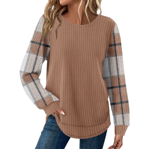 KDDYLITQ Knit Tops for Women Plaid Print Color Block Shirt Long Sleeve Curved Hem Blouses Fall Loose Fit Oversized Sweatshirt Coffee S