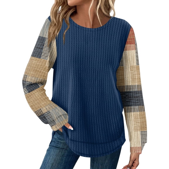 KDDYLITQ Knit Tops for Women Plaid Print Curved Hem Shirt Crew Neck Color Block Blouses Casual Loose Fit Work Sweatshirt Khaki M