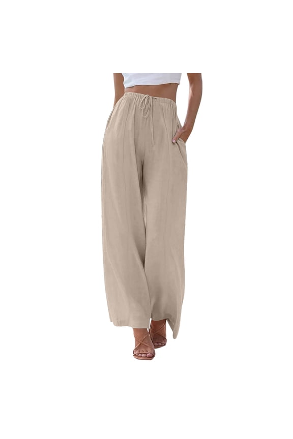 Linen Pants Women Petite Wide Leg High Waisted Pants Flowy Casual Baggy Drawstring Palazzo Trousers Khaki XL