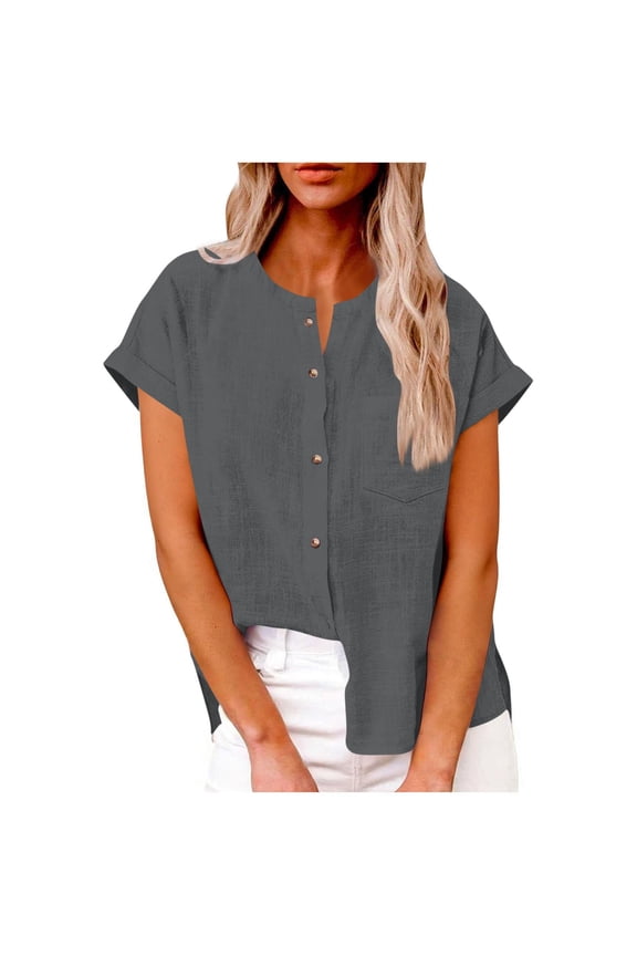 Linen Tops for Women Short Sleeve Blouse Button Down Relaxed Fit Plain Tunic Tops Summer Beach Oversized Shirts with Chest Pocket Gray L