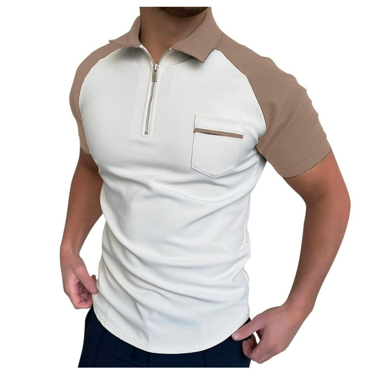 KDDYLITQ Men Polo Shirt Slim Fit Solid Color Short Sleeve Summer Casual Half Zip Up Shirts Khaki M