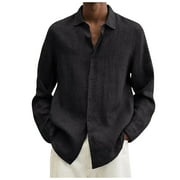 KDDYLITQ Men's Linen Shirts Casual Button Down Long Sleeve Summer Beach Dress Shirt Black S