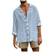 KDDYLITQ Mens Cuban Guayabera Shirt Casual Button Down Shirts Long Sleeve Beach Linen Shirts Blue L