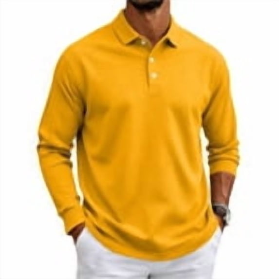 KDDYLITQ Mens T-Shirts Collared Button Loose Fit Basic Dress Trendy Polo Shirts Long Sleeve Casual Lightweight Solid Business Tees Yellow XL