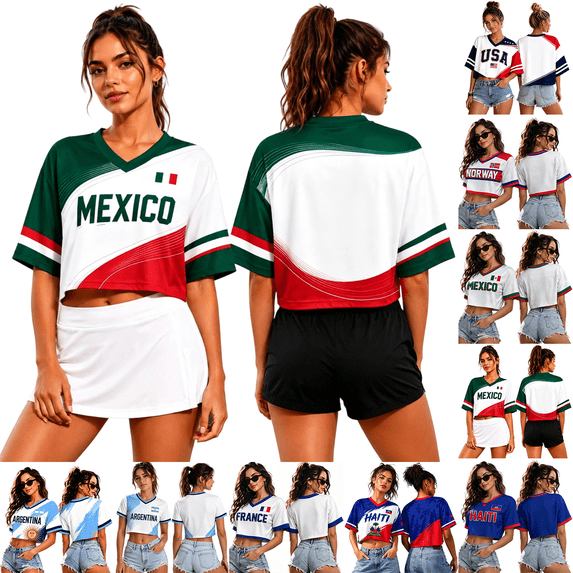 KDDYLITQ Mexico Jersey Women Soccer Cup 2026 Soccer Fan Crop Top Short Sleeve Football 2026 Soccer Print Jersey Dark Green 3XL