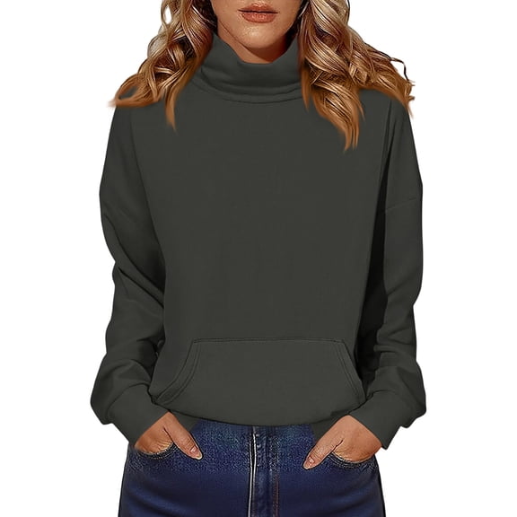 KDDYLITQ Mock Neck Pullover Women Side Slits No Hood Sweatshirt Turtleneck Oversized Clothes Fall Y2k Tops with Pocket Dark Gray M