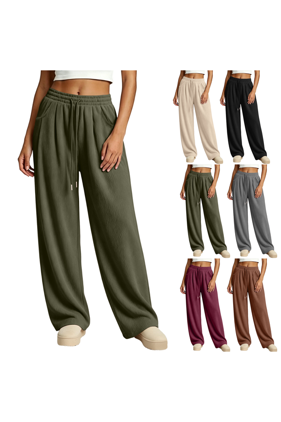 Palazzo Pants for Women Wide Leg Baggy Warm Corduroy Sweatpants with Pockets Casual Drawstring High Waist Workout Trousers Green L