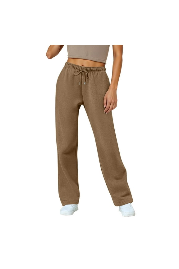 Pants for Women Baggy Straight Leg Loungewear Barrel Cinch Sweat Trousers Cotton Lined Winter Joggers Drawstring Elastic High Waist Pants with Pockets Camel 2XL