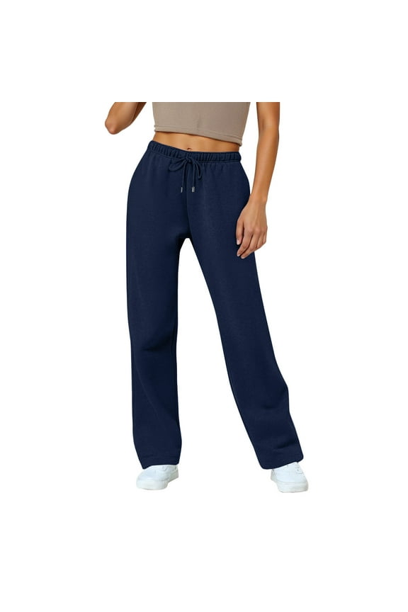Pants for Women Barrel Lined Loungewear Baggy Elastic High Waist Pants Drawstring Cinch Lightweight Sweat Trousers Cotton Straight Leg Sweat Pants with Pockets Navy L