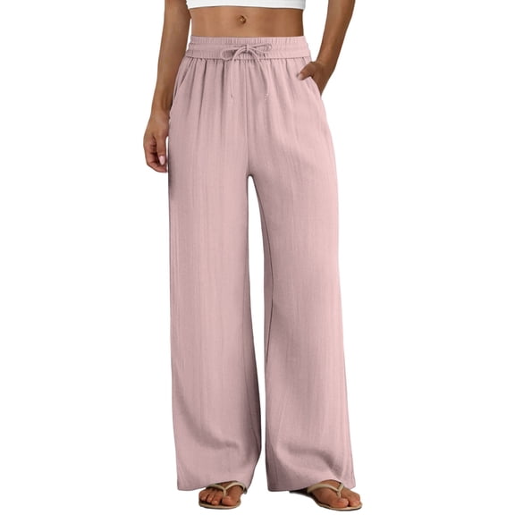 KDDYLITQ Pants for Women Cotton Linen Elastic High Waisted Trousers Wide Leg Drawstring Lounge Joggers Summer Plus Size Loungewear with Pockets Pink M