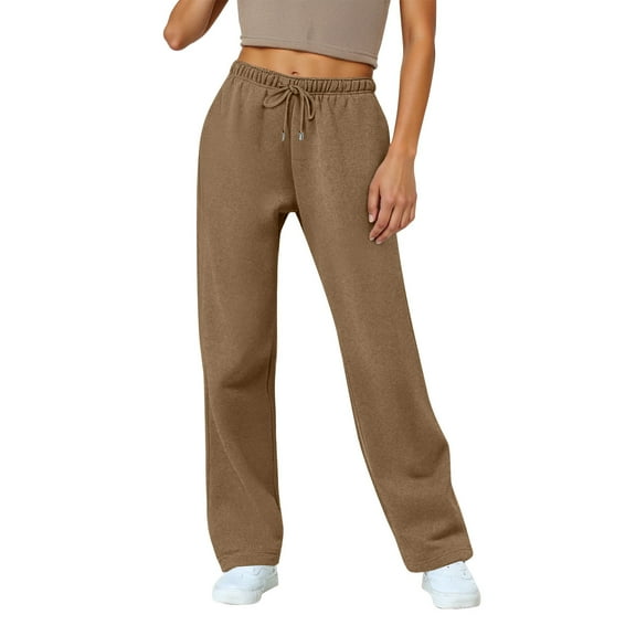 KDDYLITQ Pants for Women Drawstring Elastic High Waist Sweat Pants Cotton Lined Pants Baggy Straight Leg Comfort Loungewear Barrel Cinch Sweat Trousers with Pockets Camel L