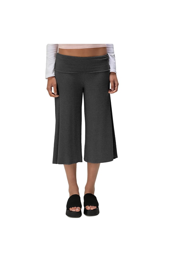 Pants for Women Fold Over Cropped Capri Pants Stretch Low Rise Wide Leg Yoga Palazzo Flowy Pants Dark Gray S