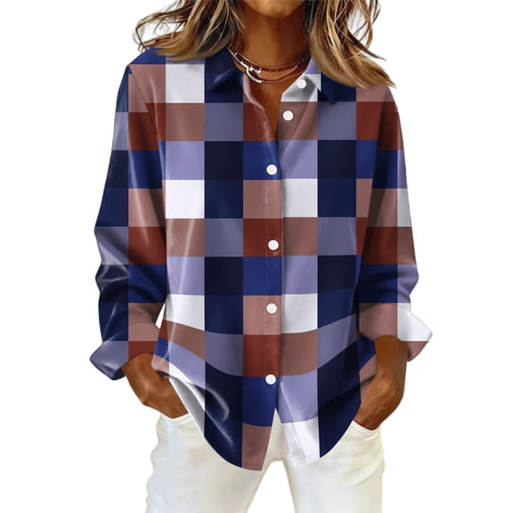 KDDYLITQ Plaid Shirts for Women Button Down Lapel Collar Top Long Sleeve Patchwork Blouses Lightweight Casual Oversized Jacket Purple Pink M