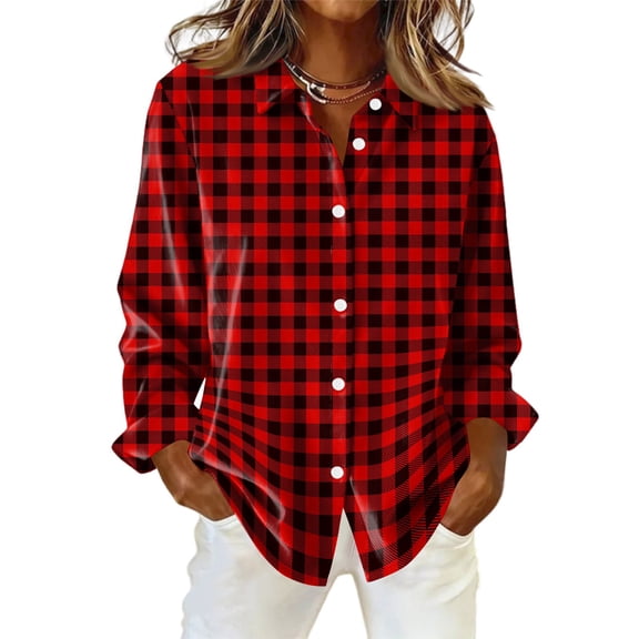 KDDYLITQ Plaid Shirts for Women Long Sleeve Flannel Top Button Down Patchwork Blouses Trendy Dressy Fashion Jacket Red M