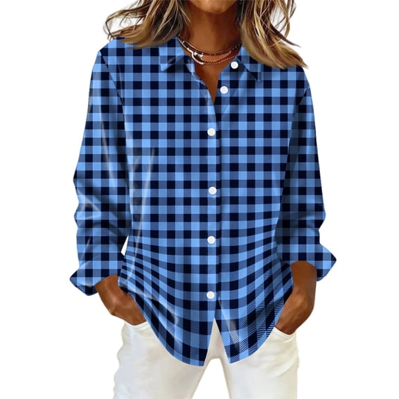 KDDYLITQ Plaid Top for Women Button Down Flannel Shirts Long Sleeve Lapel Collar Jacket Casual Trendy Loose Fit Blouses Blue M