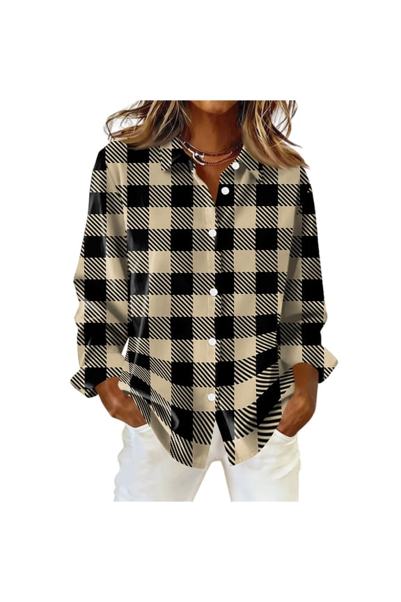 Plaid Top for Women Button Down Flannel Shirts Long Sleeve Patchwork Blouses Dressy Lightweight Fall Jacket Brown 2XL