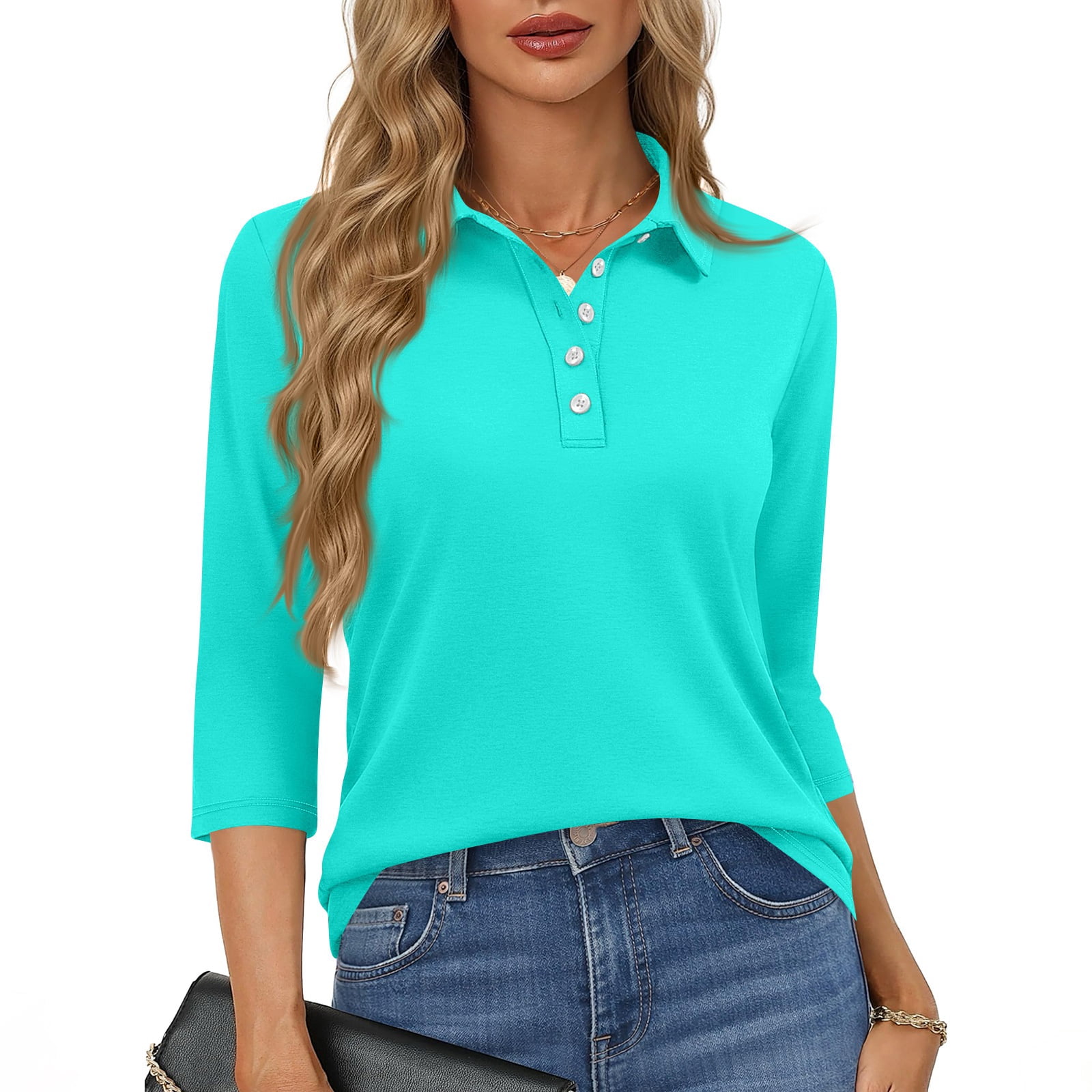 KDDYLITQ Polo Shirt for Women Button Down Collared Shirts 3/4 Sleeve ...