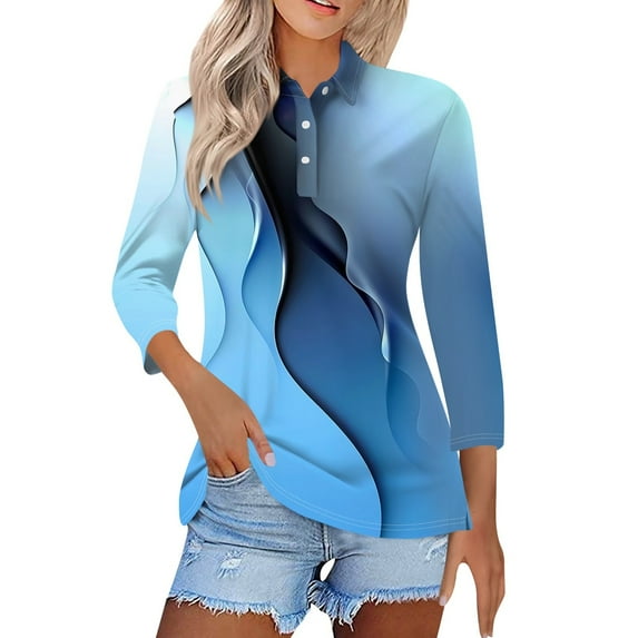 KDDYLITQ Women'S Polo Shirts 3/4 Sleeve Loose Wicking Summer Shirts Breathable Collared Geometric Striped Print Vintage Tees Blue L