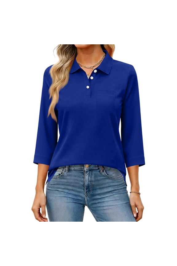 Polo Shirts for Women 3/4 Sleeve Button Down Loose Fit Uniform V Neck Lapel Collar Work Shirts Baggy Business Comfy Trendy Tees with Chest Pocket Blue XL