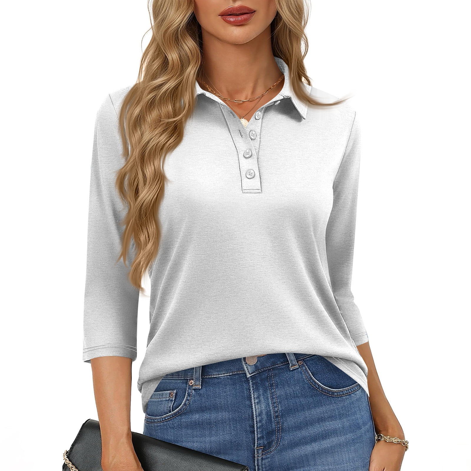 KDDYLITQ Polo Shirts for Women Button Down Collared Tops 3/4 Sleeve ...