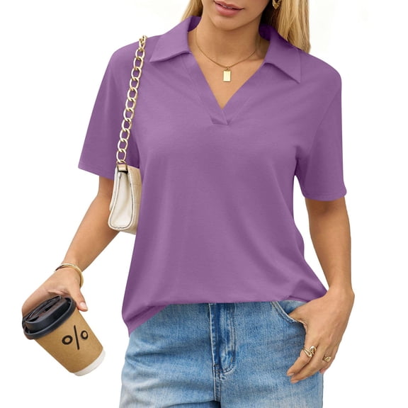 KDDYLITQ Polo Shirts for Women Collared Lapel Collar Casual Tops Short Sleeve V Neck Work Blouses Summer Trendy Tees Purple Pink XL