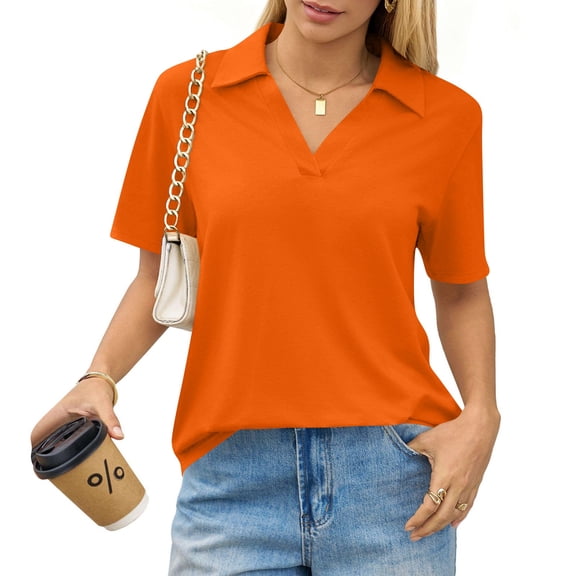 KDDYLITQ Polo Shirts for Women Collared V Neck Casual Tops Short Sleeve Lapel Collar Dressy Shirts Summer 2026 Tees Saffron L