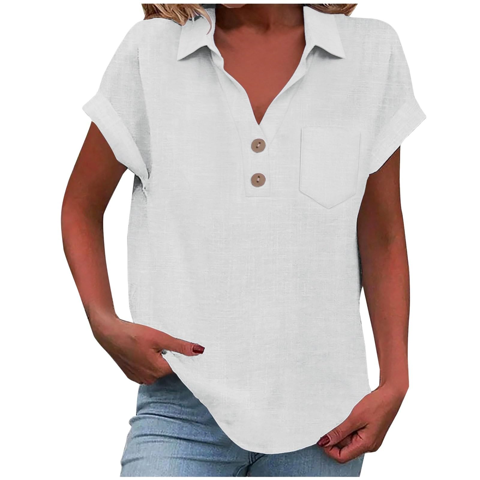 KDDYLITQ Polo Shirts for Women Cotton Linen Short Sleeve V Neck Button ...