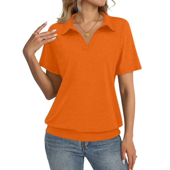 KDDYLITQ Polo Shirts for Women Short Sleeve Bottom Casual Tops Collared Lapel Collar Business Tshirts Dressy Loose Blouses Saffron 3XL