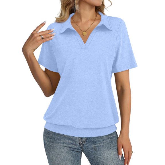 KDDYLITQ Polo Shirts for Women Short Sleeve Lapel Collar Summer Tops V Neck Bottom Dressy Tshirts Work 2026 Blouses Sky Blue 2XL