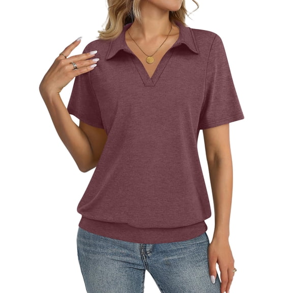 KDDYLITQ Polo Shirts for Women V Neck Bottom Casual Tops Short Sleeve Plain Business Tshirts Dressy Cute Blouses Wine M