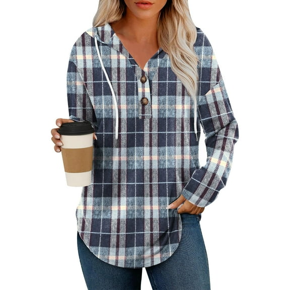 KDDYLITQ Pullover Womens Button V Neck Oversized Hoodies Plaid Hooded Autumn Sweaters Curved Hem Drop Shoulder Trendy Tops Winter Comfort Shirts Navy 2XL