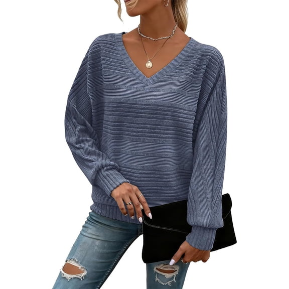 KDDYLITQ Pullover for Women V Neck Solid Color Sweaters Long Sleeve Ribbed Knit Tops Fall Casual Dressy Shirts Royal Blue L