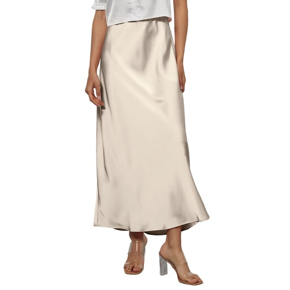 KDDYLITQ Satin Maxi Skirt for Women Flared High Waisted Skirts Silk Elastic Waistband Elegant Skirt Casual Flowy Long Skirts Beige M