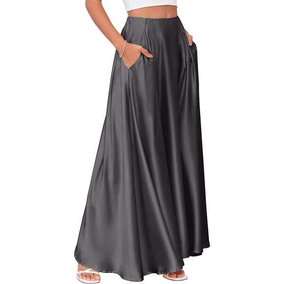 KDDYLITQ Satin Maxi Skirt for Women Pleated Hem Solid Color Skirts a Line High Waisted Party Skirt Casual Dressy Long Skirts with Pocket Dark Gray M