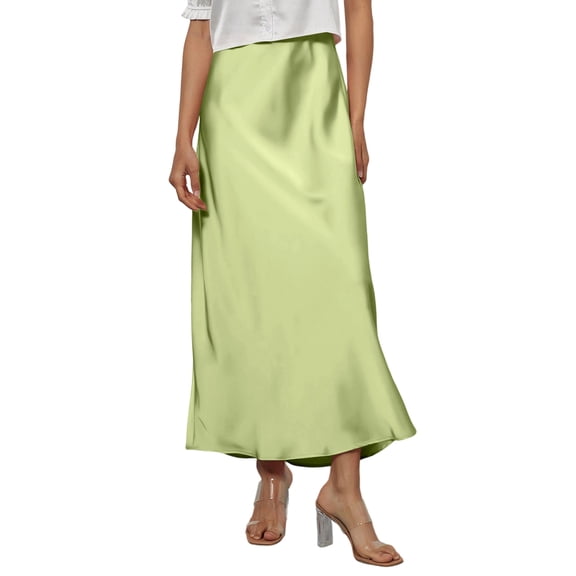 KDDYLITQ Satin Maxi Skirt for Women Silk Solid Color Skirts a Line High Waisted Casual Skirt Elegant Flowy Long Skirts Green L