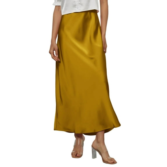 KDDYLITQ Satin Skirts for Women Flared Solid Color Maxi Skirt a Line Elastic Waistband Elegant Long Skirts Work Fall Skirt Gold L