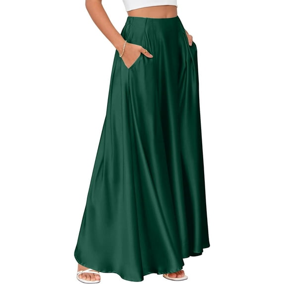 KDDYLITQ Satin Skirts for Women Pleated Hem Basic Maxi Skirt a Line Solid Color Flowy Skirt Holiday 2025 Long Skirts with Pocket Green M