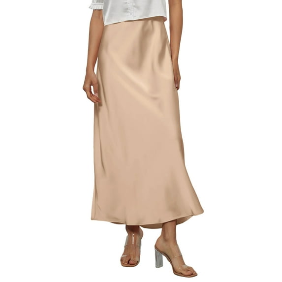 KDDYLITQ Satin Skirts for Women Silk High Waisted Maxi Skirt a Line Solid Color Casual Long Skirts Elegant Skirt Khaki L