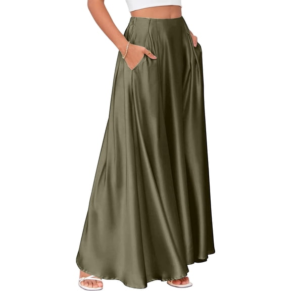 KDDYLITQ Satin Skirts for Women a Line Solid Color Maxi Skirt Pleated Hem High Waisted Elegant Skirt Casual 2025 Long Skirts with Pocket Army Green S