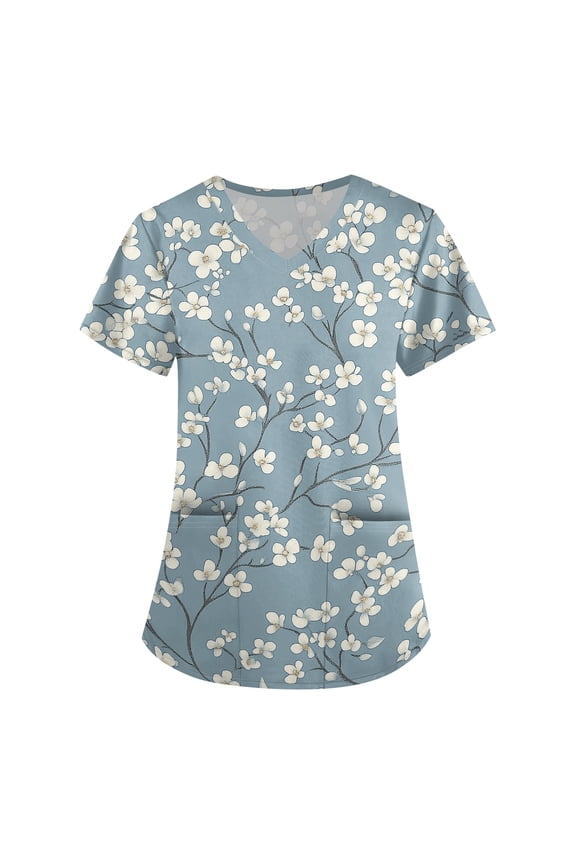 Scrub Tops Women Floral Printed Stretch Plus Size Nurse Scrubs V Neck Short Sleeve Nurse Shirts with Pockets Blue 3XL