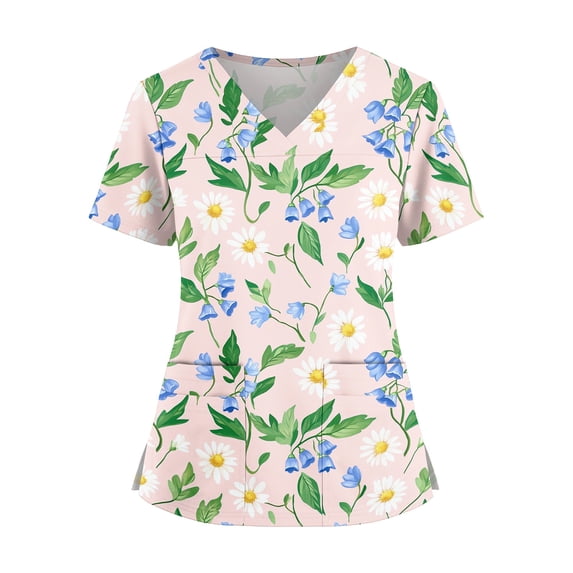 KDDYLITQ Scrubs for Women V Neck Short Sleeve Floral Print Scrub Tops Stretchy Nursing Uniforms Holiday Shirts with 2 Pockets Light Green M